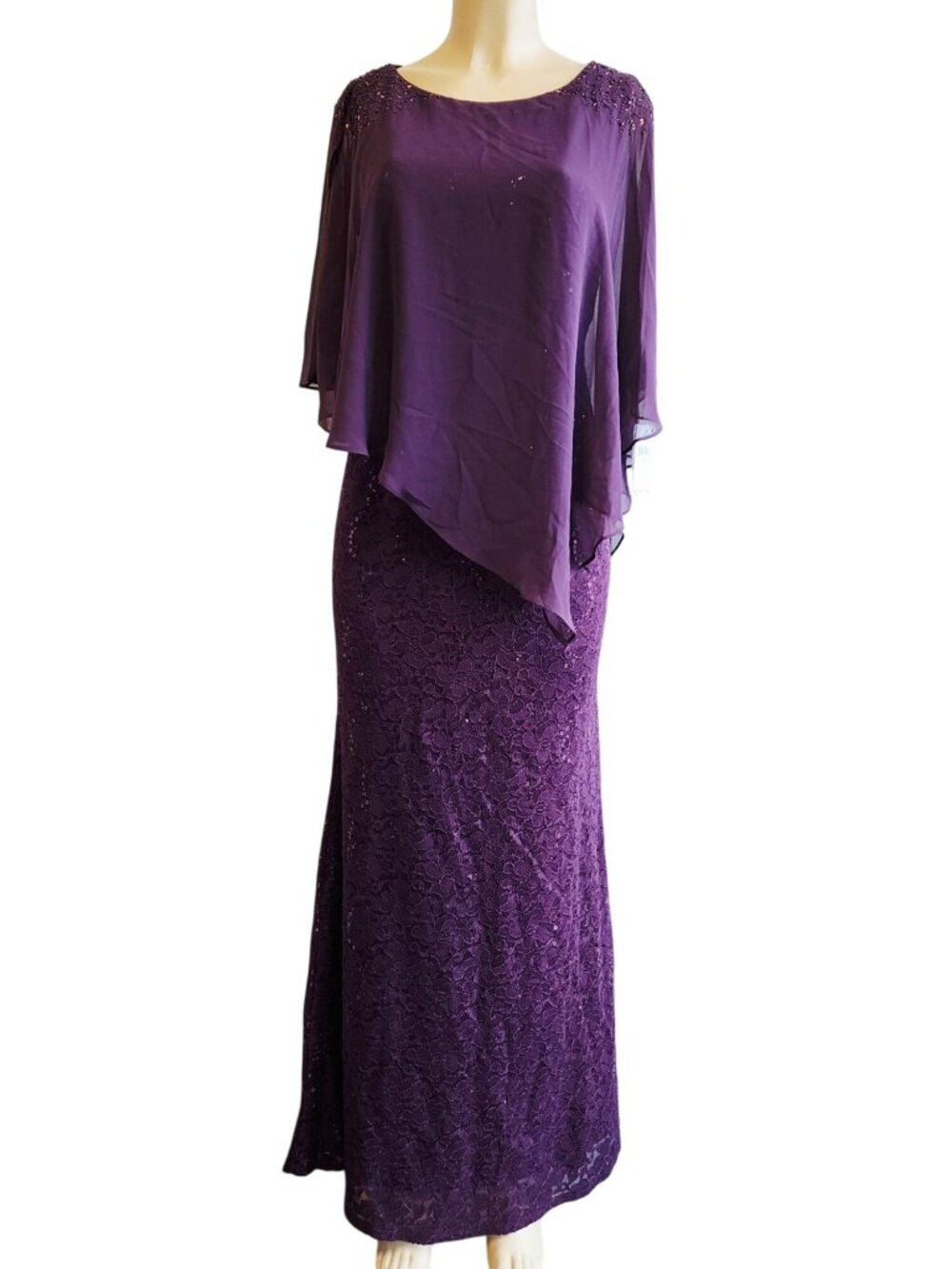 SLNY Deep Purple Beaded Capelet Lace Gown dress Size 10 MSRP $159.00 - Picture 2 of 8